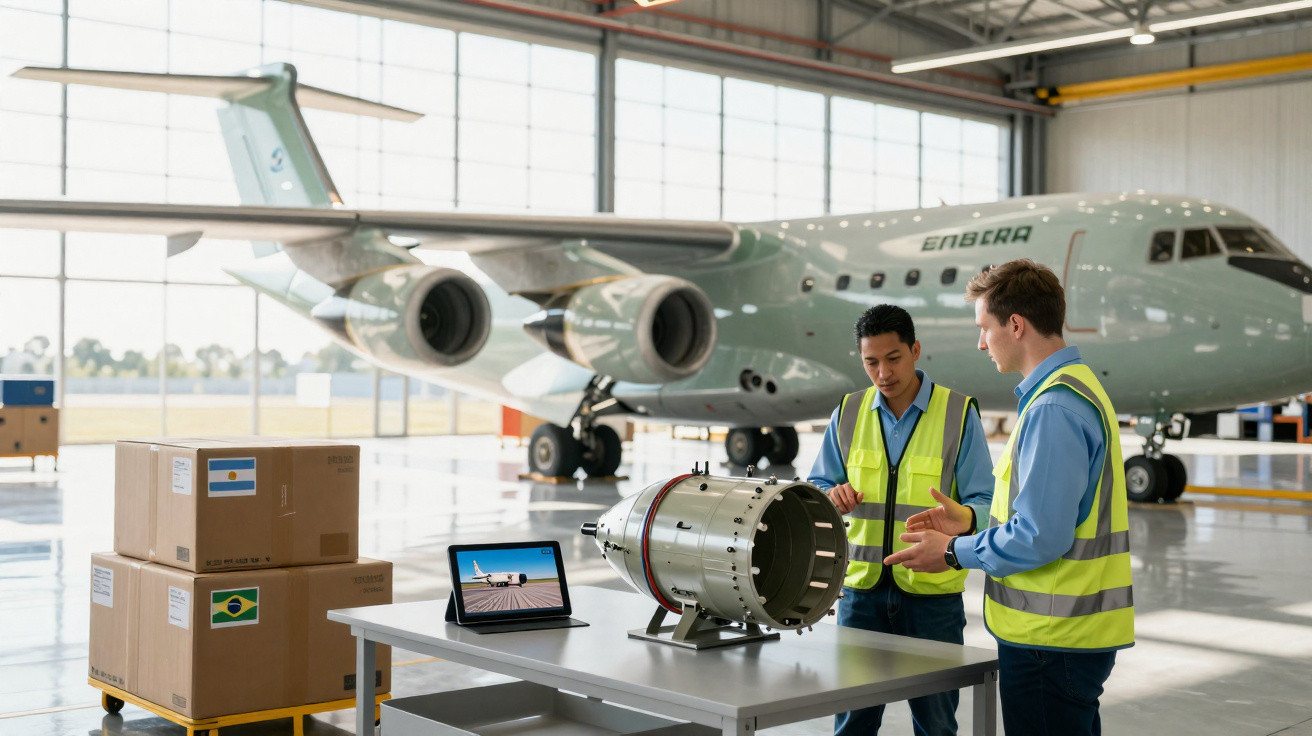 Two engineers in hi-vis vests discussing an aircraft engine part in a hangar with a large plane in the background.