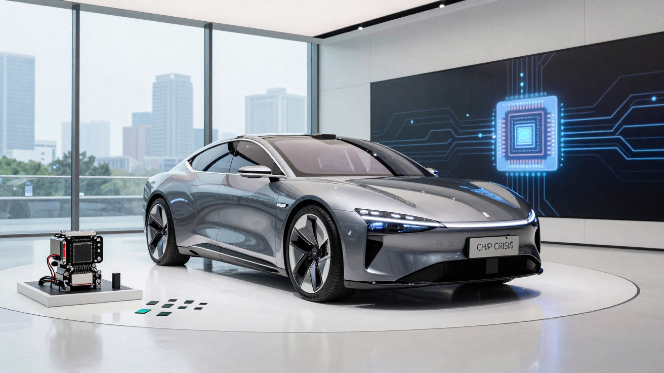 Sleek grey electric car on display in modern showroom with city skyline visible and tech-themed backdrop.