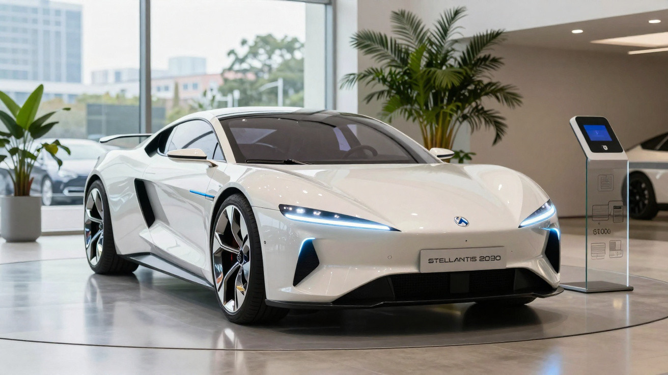 White Stellantis 2090 electric sports car displayed indoors with plants and city view through windows.