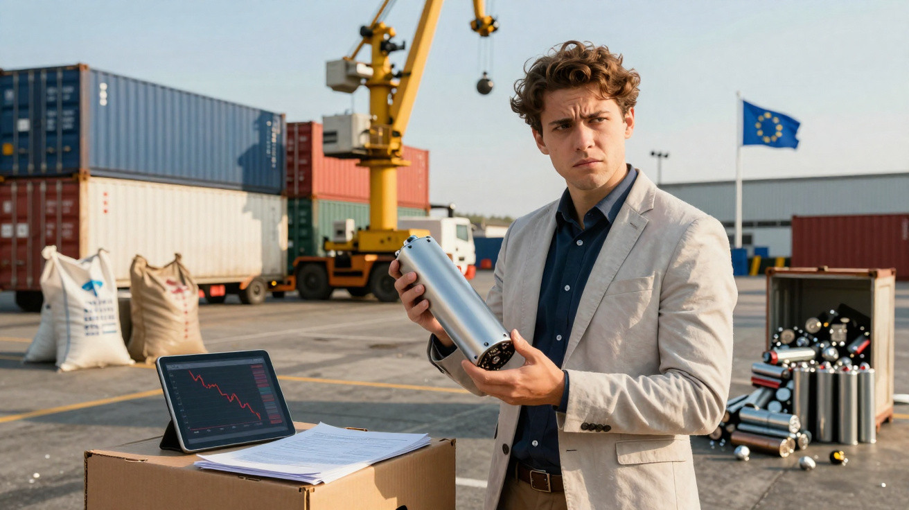Young man in suit inspecting metal container at shipping yard with European Union flag and tablet showing declining graph nea