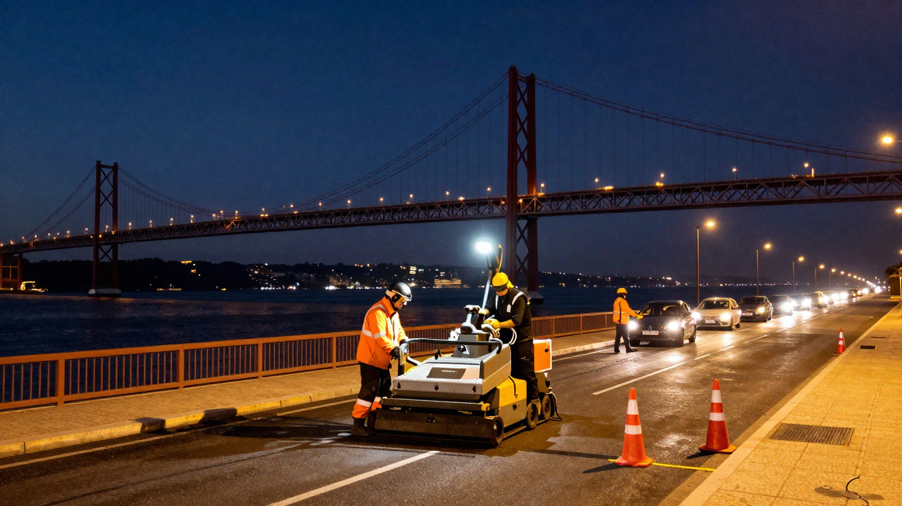 Workers in high-visibility clothing operating road machinery at night near a lit suspension bridge and river.