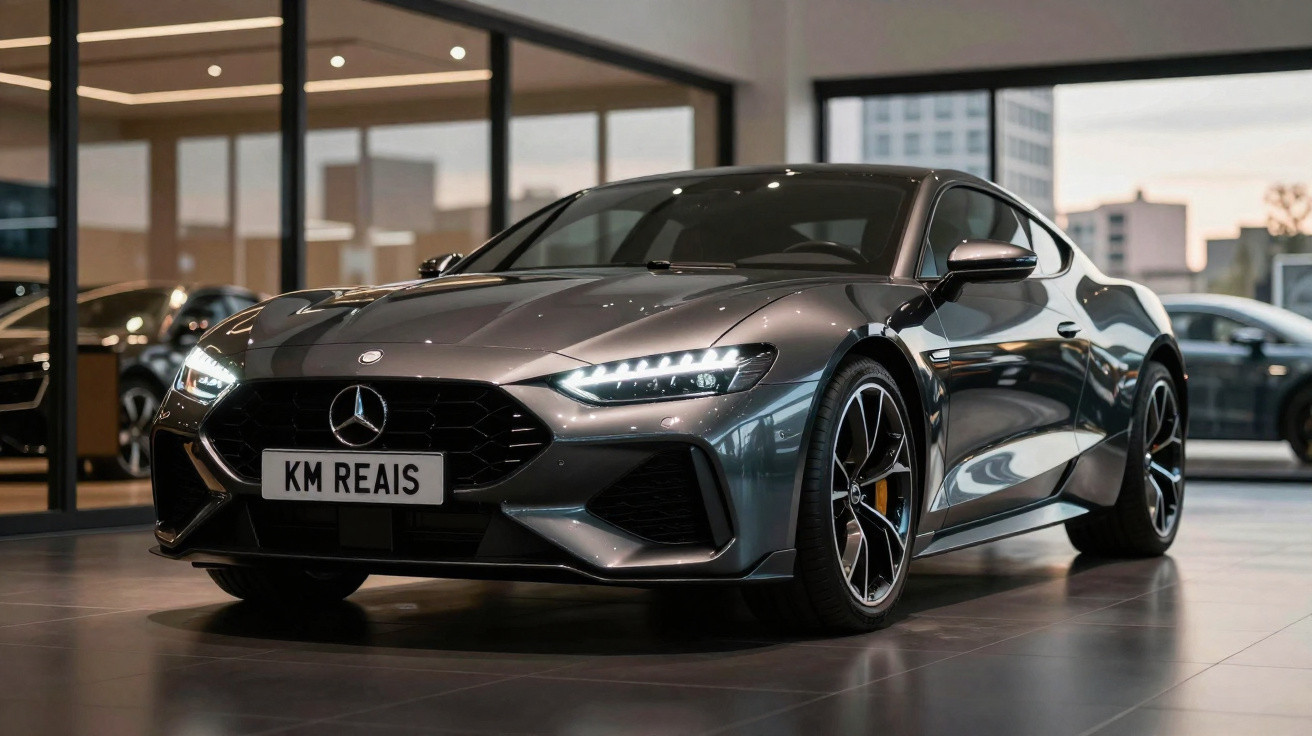 Grey Mercedes-Benz sports car displayed indoors with LED headlights and aerodynamic design.