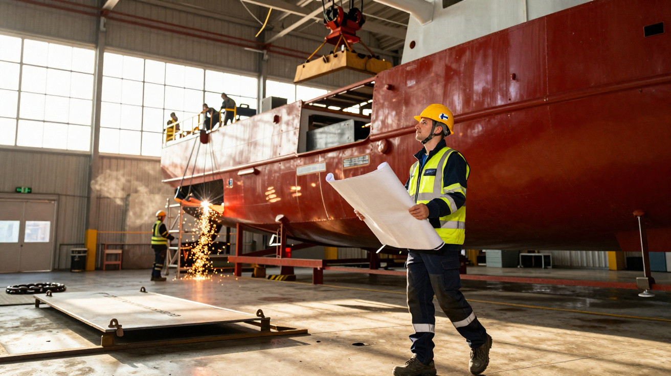 Worker in safety gear holding blueprints near a large red ship under construction in a spacious workshop.