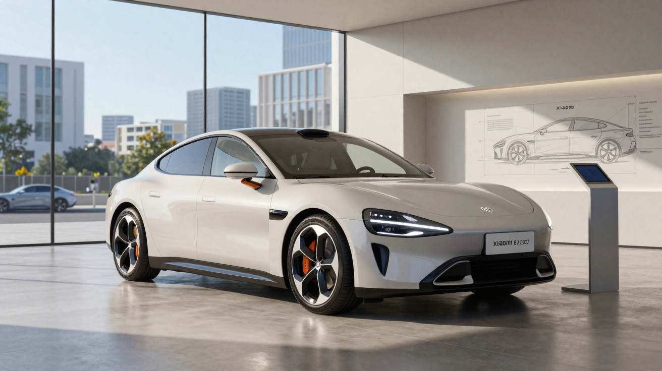 White electric sports sedan displayed in a modern showroom with city buildings visible through glass walls.