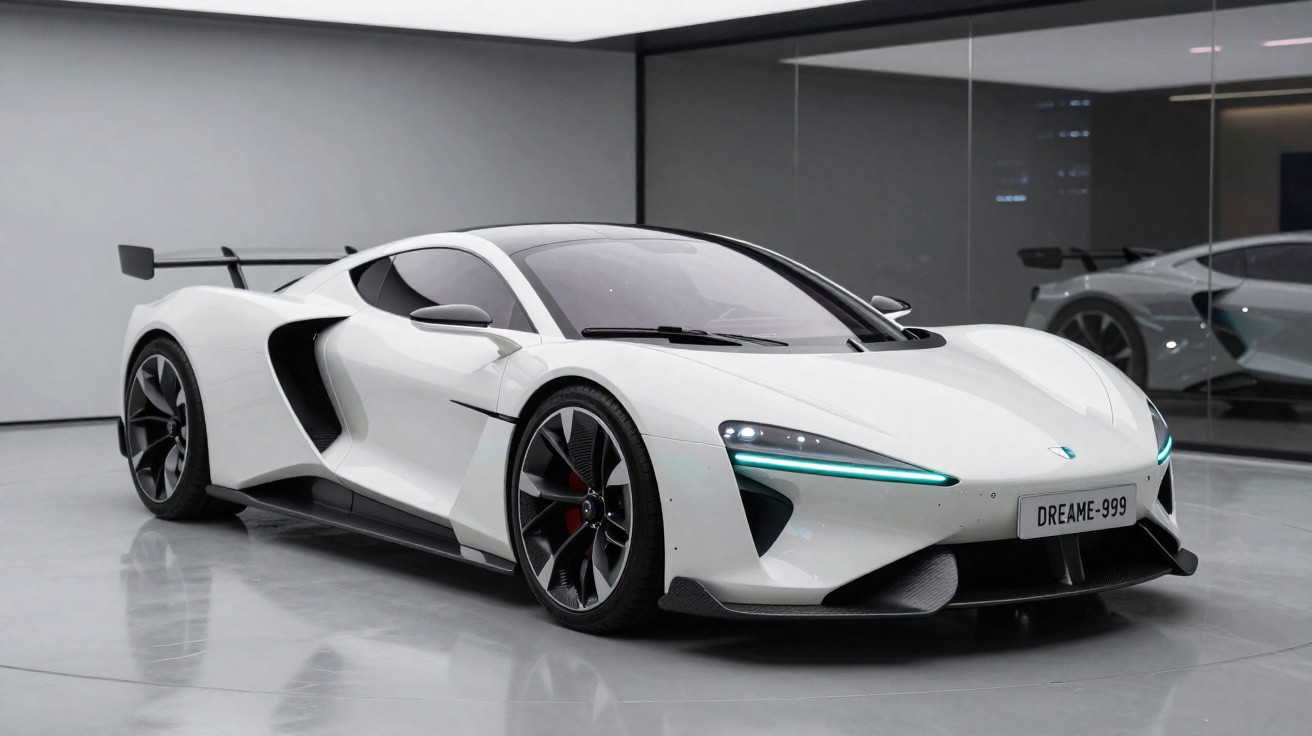 White sleek sports car with aerodynamic design and LED headlights in a modern showroom.