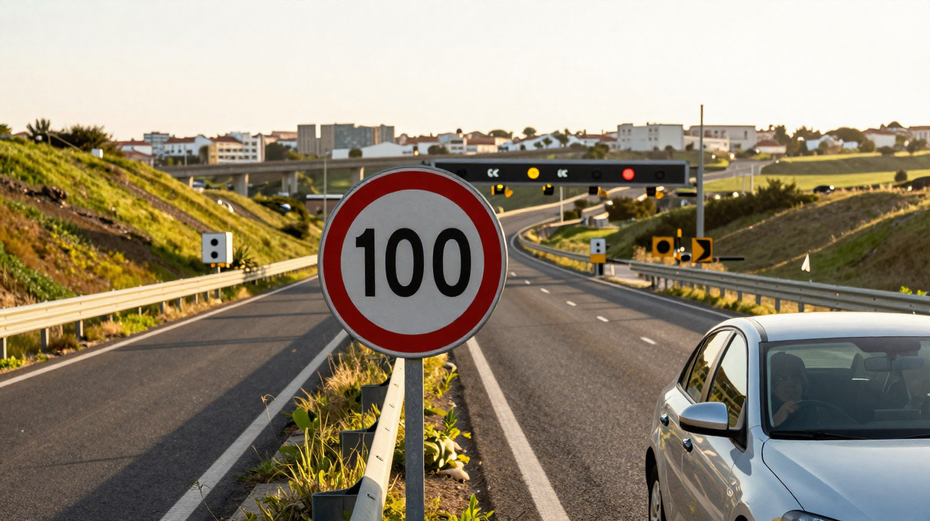 A 100 km/h speed limit sign beside a highway with a silver car on the right and city buildings in the background.
