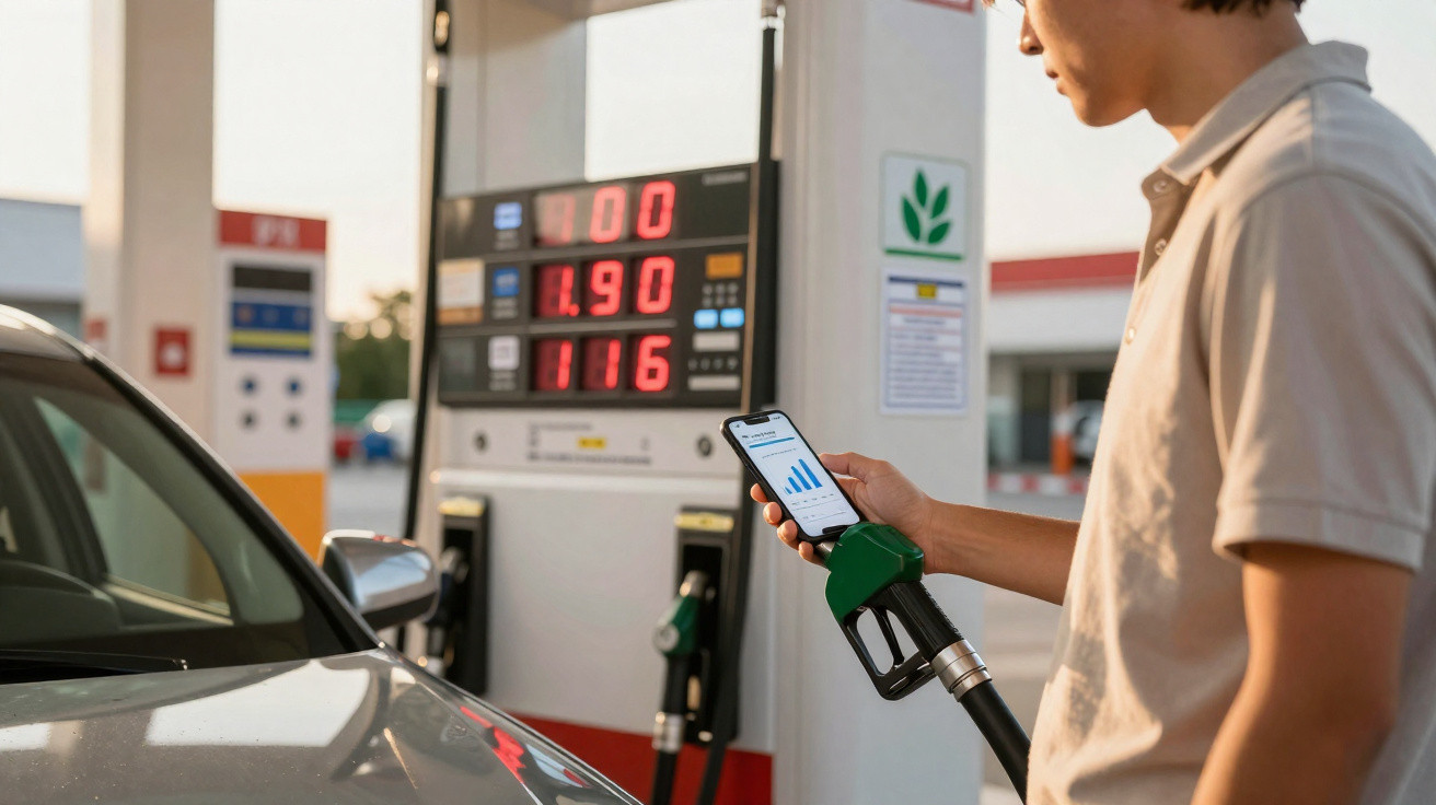 Person holding a phone and fuel pump nozzle while refuelling a car at a petrol station.
