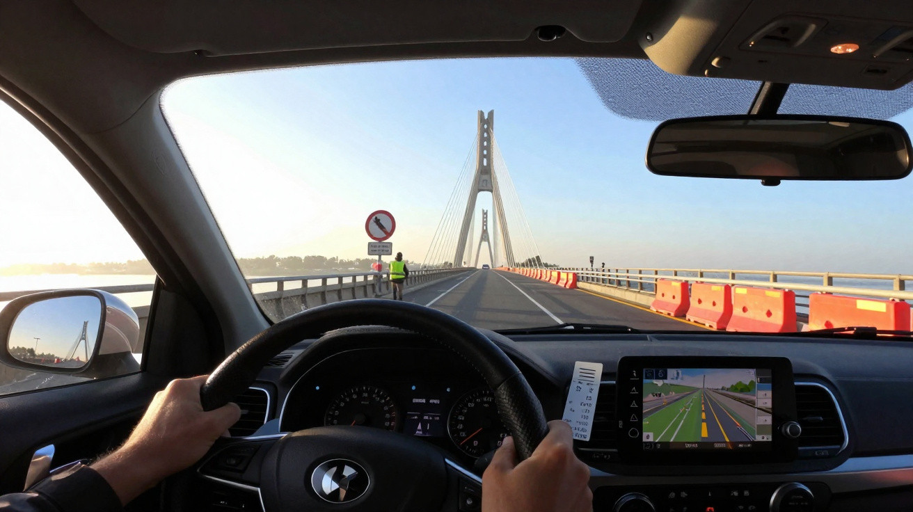 Driver's view steering across a cable-stayed bridge with road signs and a GPS screen visible.