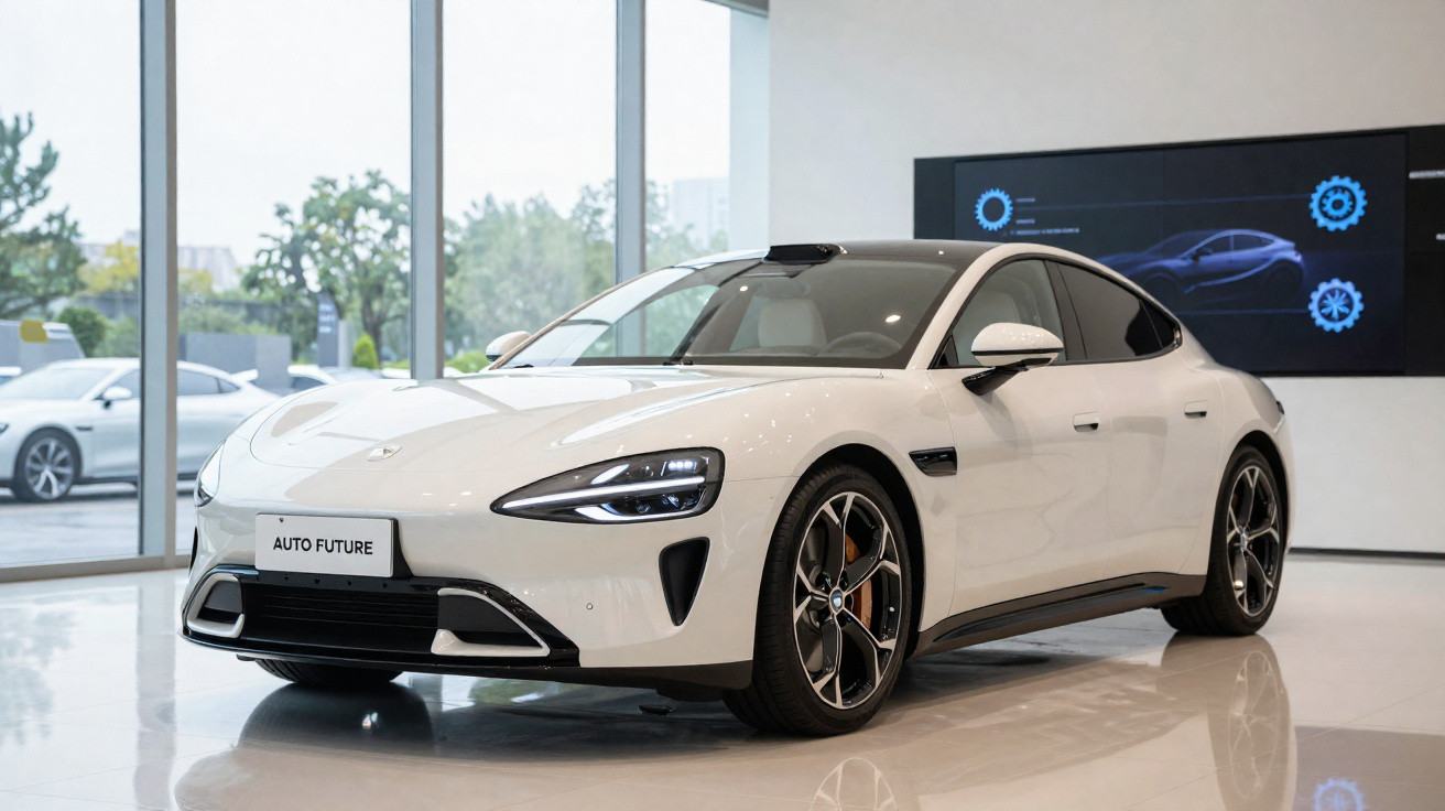 White modern electric sports car displayed in showroom with large windows and digital screen in background.