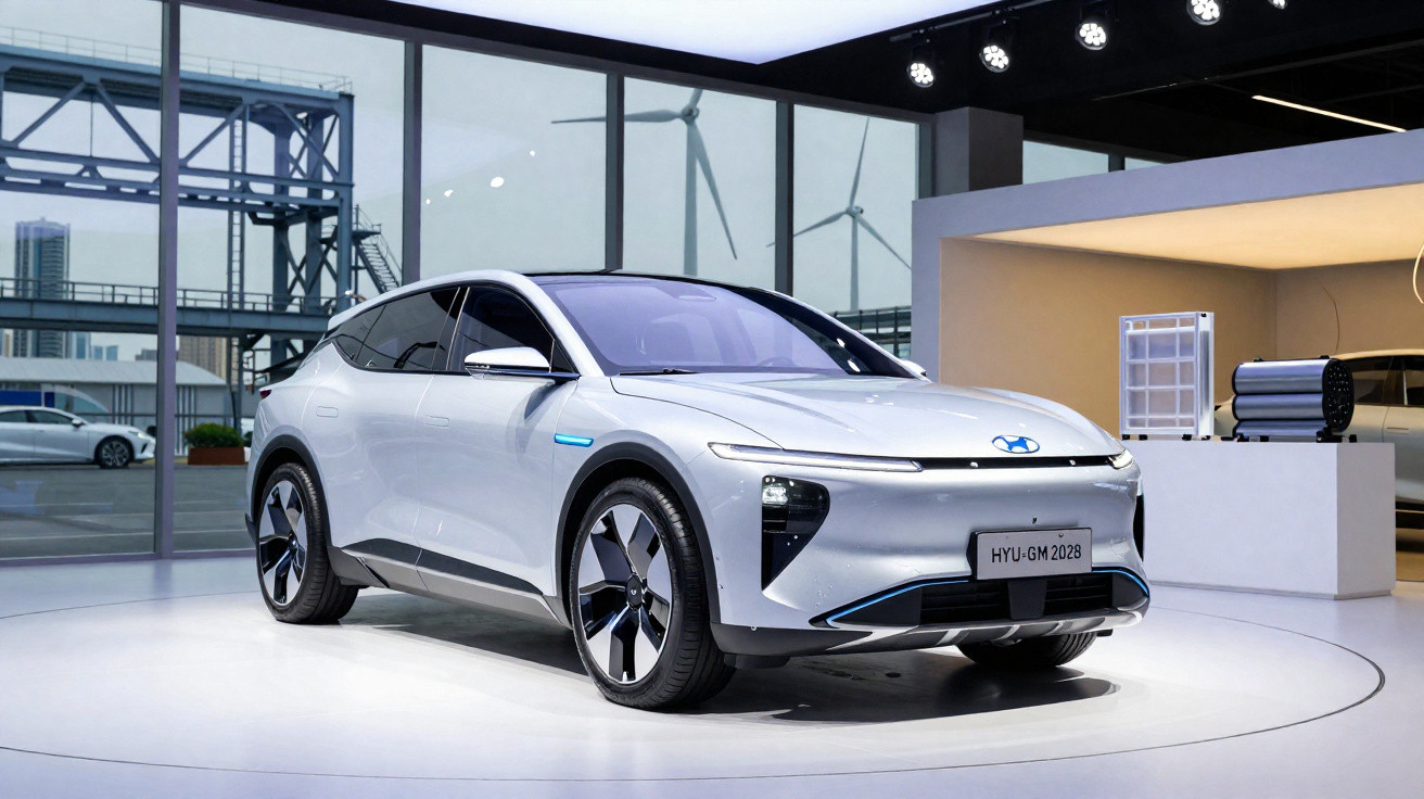 Silver electric SUV displayed indoors with wind turbines and urban skyline visible through large windows.