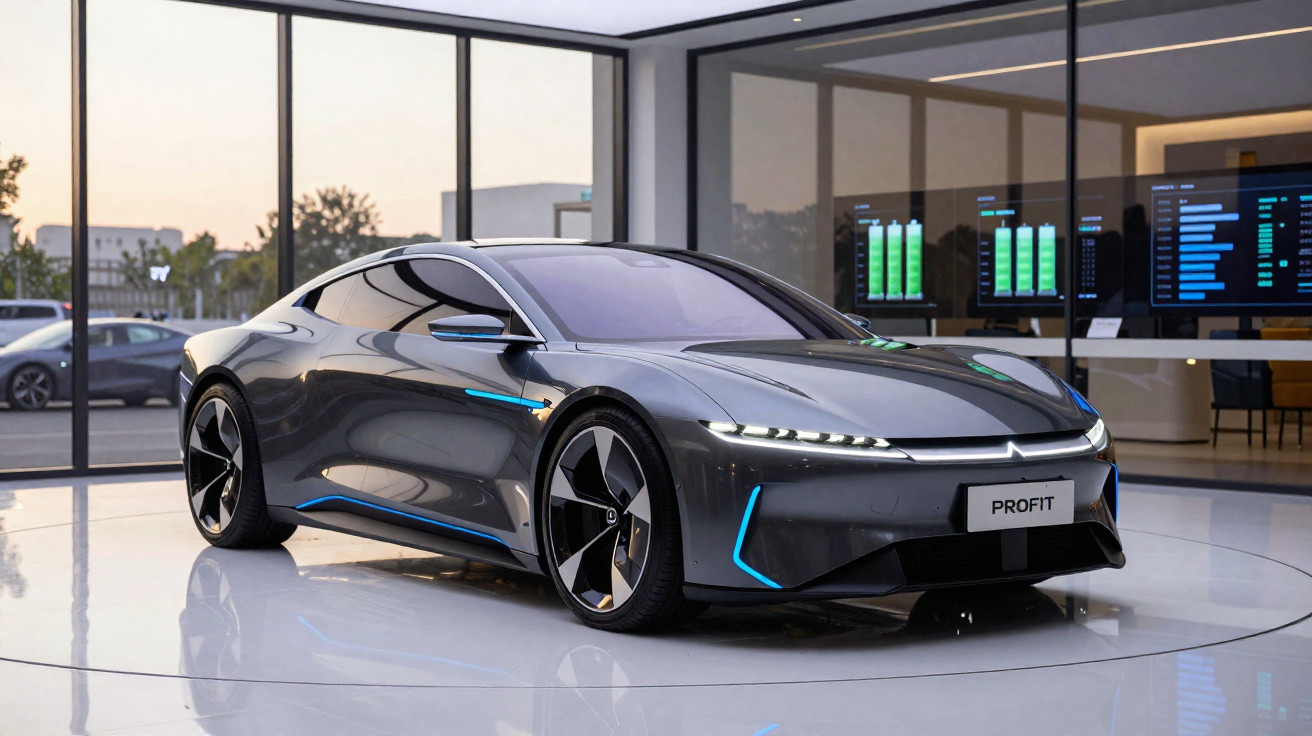 Sleek dark grey electric sports car named Profit displayed inside a modern showroom with large windows.
