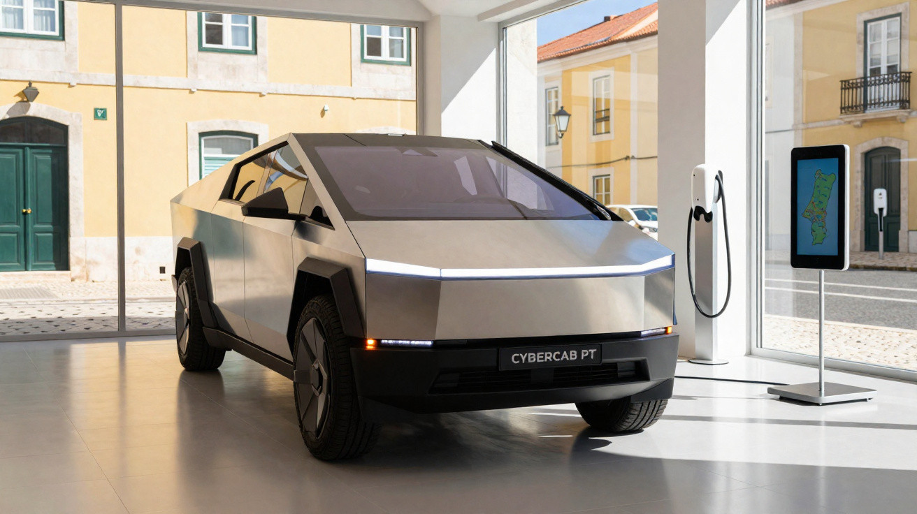 Futuristic silver Cybercab PT electric vehicle displayed indoors near window and charging station.