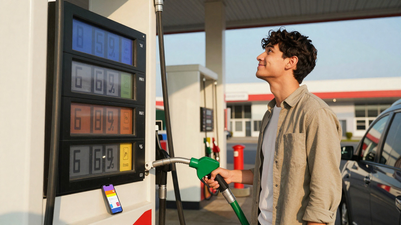 Young man pumping fuel at a petrol station looking at the fuel price display in daylight