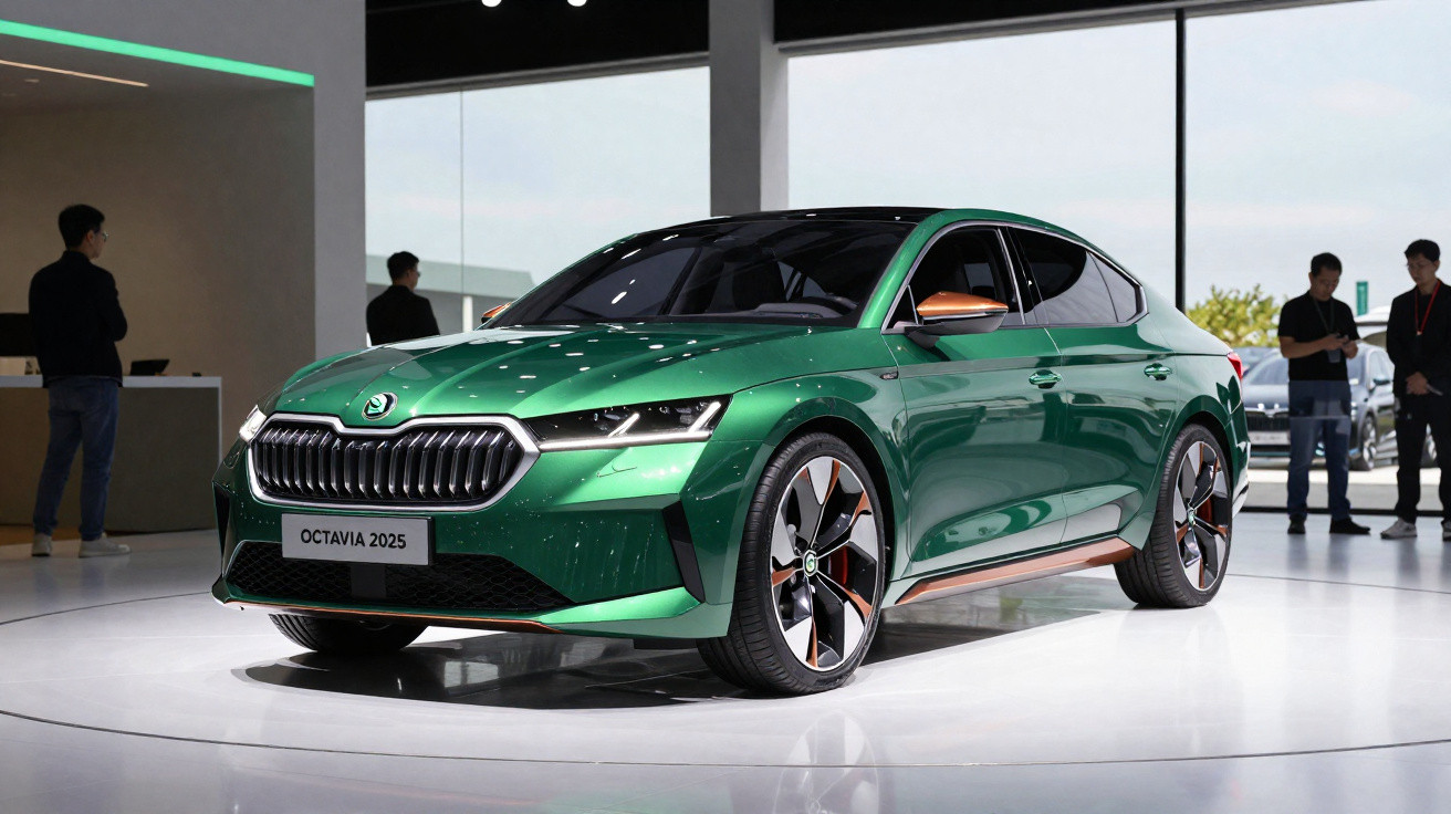 Green 2025 Skoda Octavia car displayed in a showroom with people in the background.