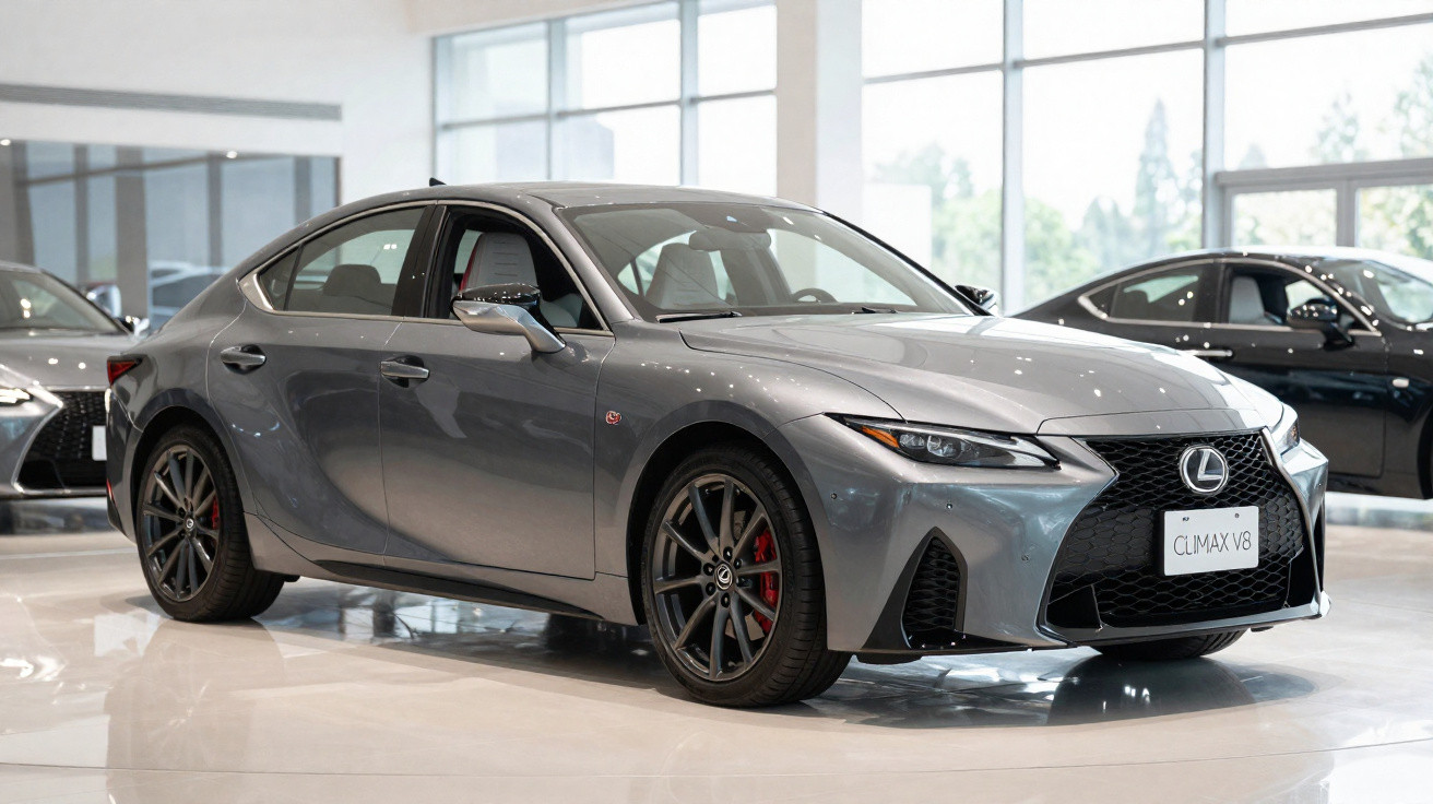 Silver Lexus luxury sedan with black alloy wheels on display indoors with large windows in the background.