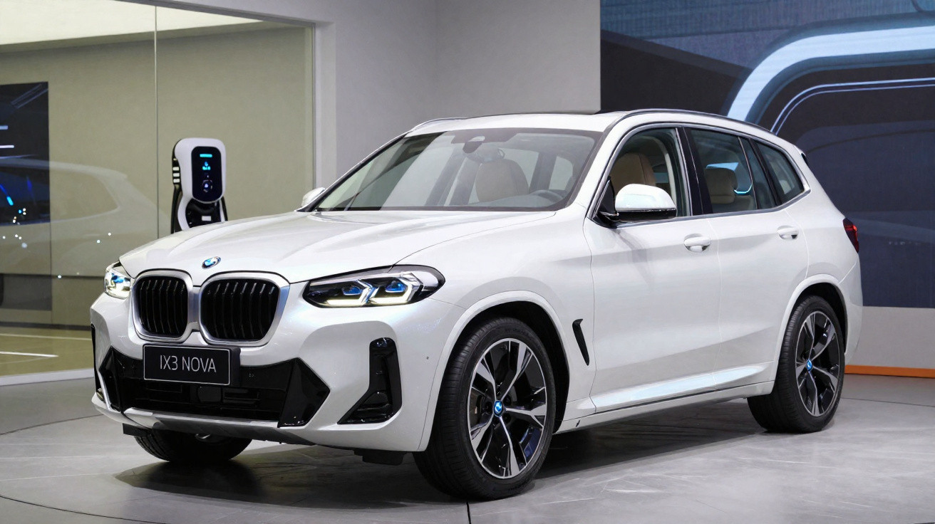 White BMW iX3 NOVA electric SUV displayed indoors near a charging station.