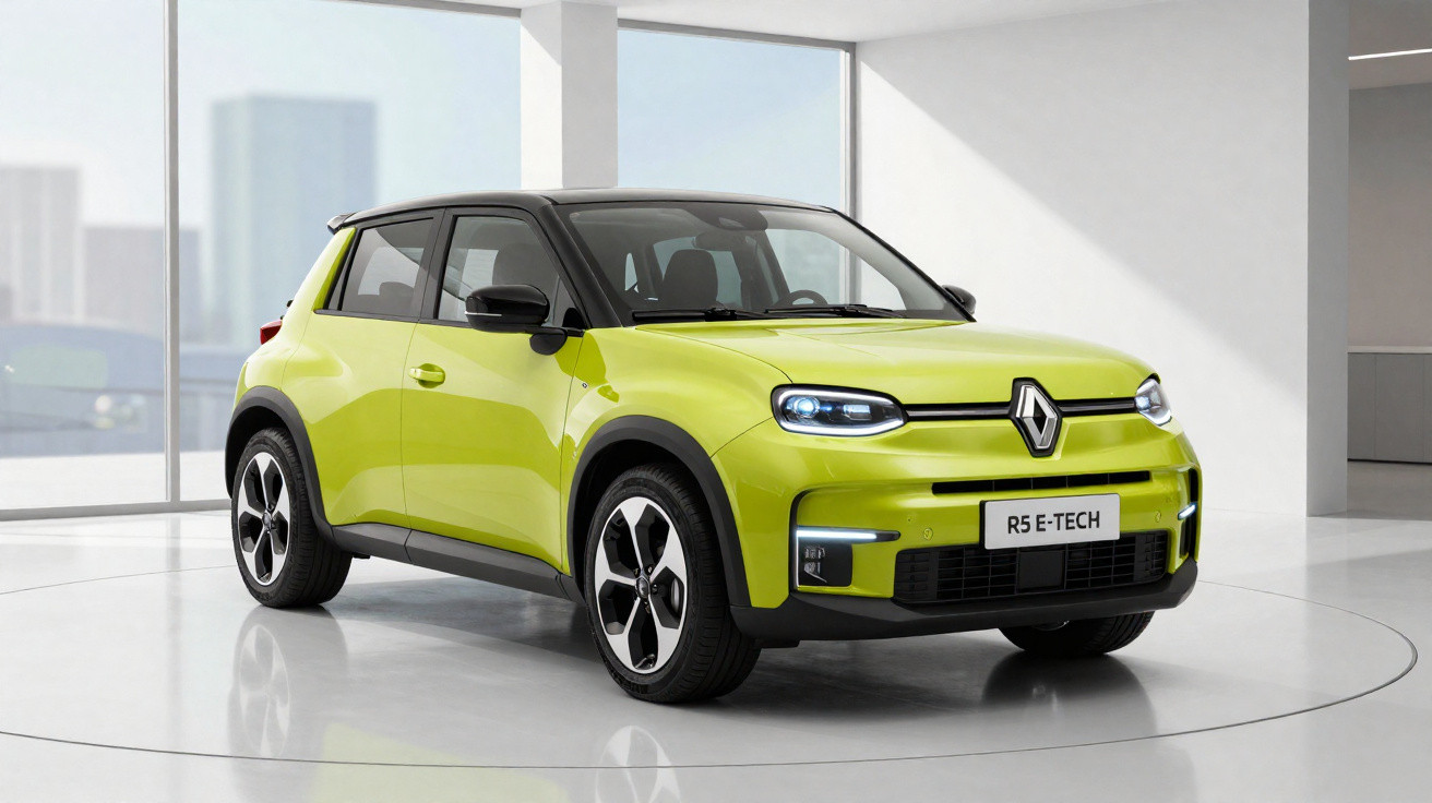 Bright green Renault R5 E-Tech electric car displayed in a modern, bright showroom with large windows.