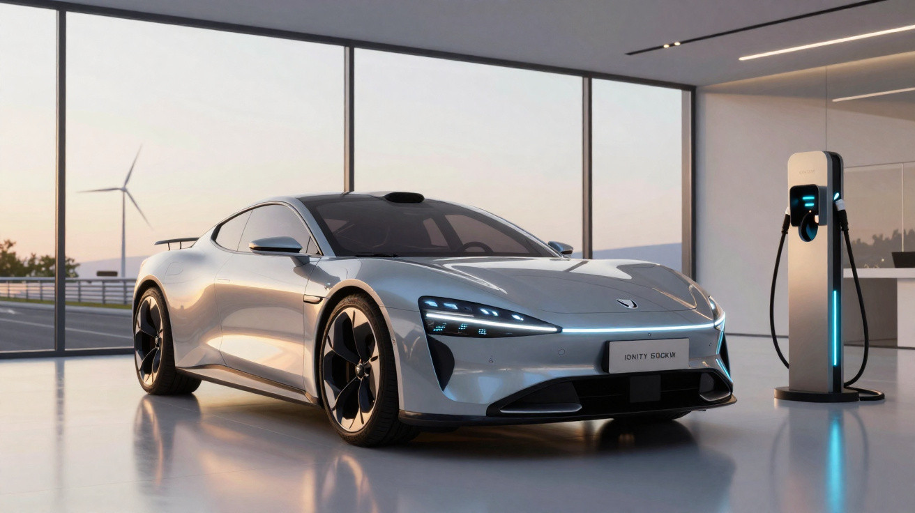 Silver electric sports car charging in a modern showroom with large windows and wind turbines outside.