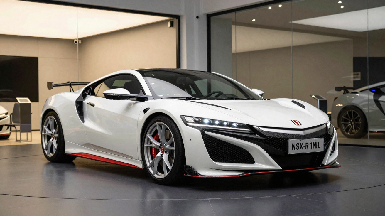White Acura NSX-R sports car with red accents displayed in a showroom with reflective glass walls.