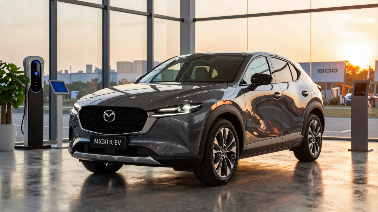 Grey Mazda MX30 R-EV electric SUV displayed indoors near charging station at sunset.