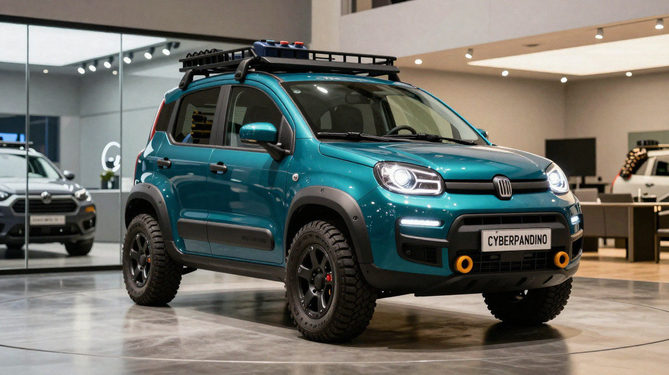 Teal compact off-road SUV with roof rack and rugged tyres displayed in a bright modern showroom.