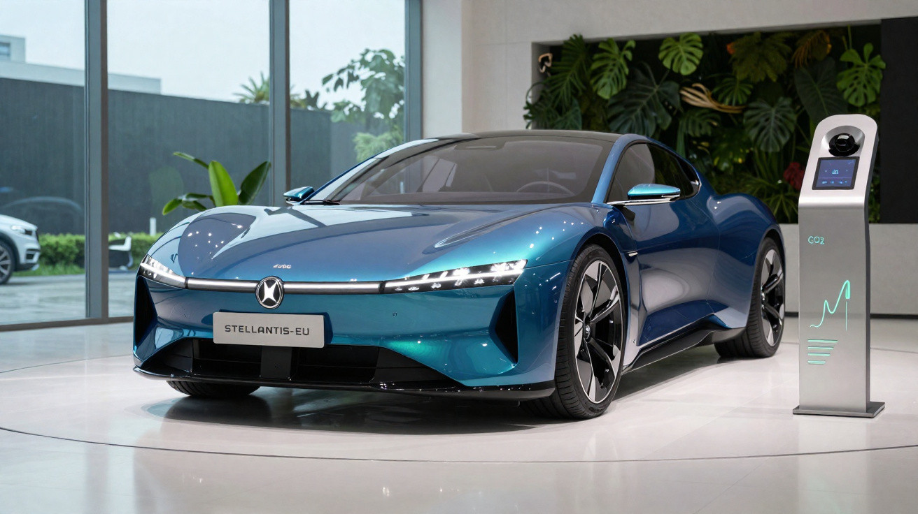 Blue electric Mercedes-Benz EQXX concept car displayed indoors next to a digital charging station.