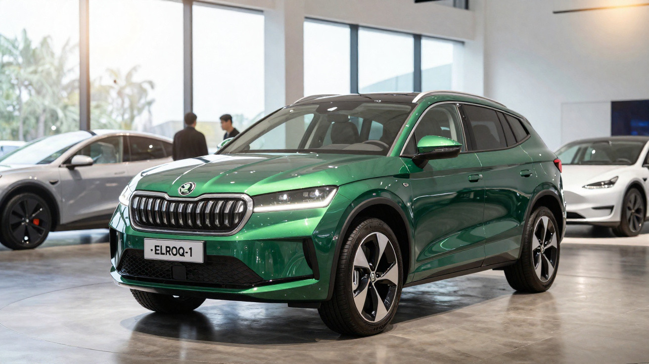 Green Škoda Enyaq iV SUV parked inside a bright, modern showroom with other cars in the background.
