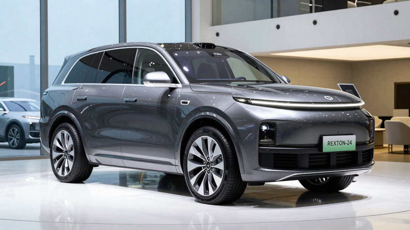 Grey Rexton-24 electric SUV displayed indoors under bright lights at an auto show.