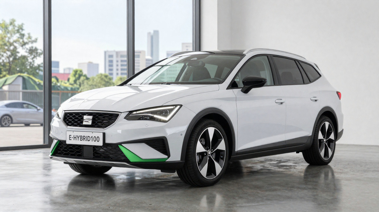 White SEAT hybrid estate car with green accents parked indoors on polished concrete floor.