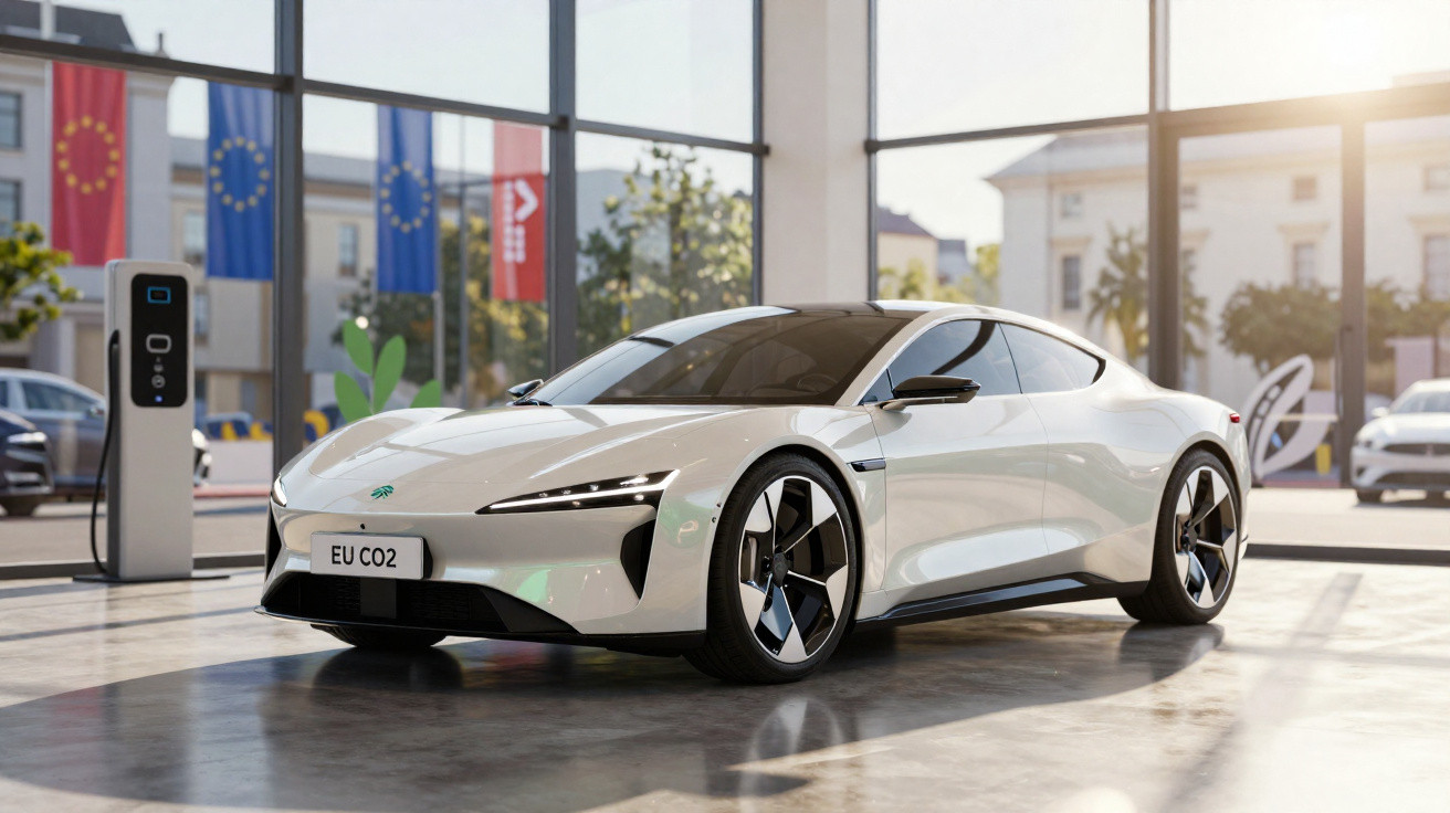 White sleek electric sports car with EU CO2 license plate parked indoors near charging station.