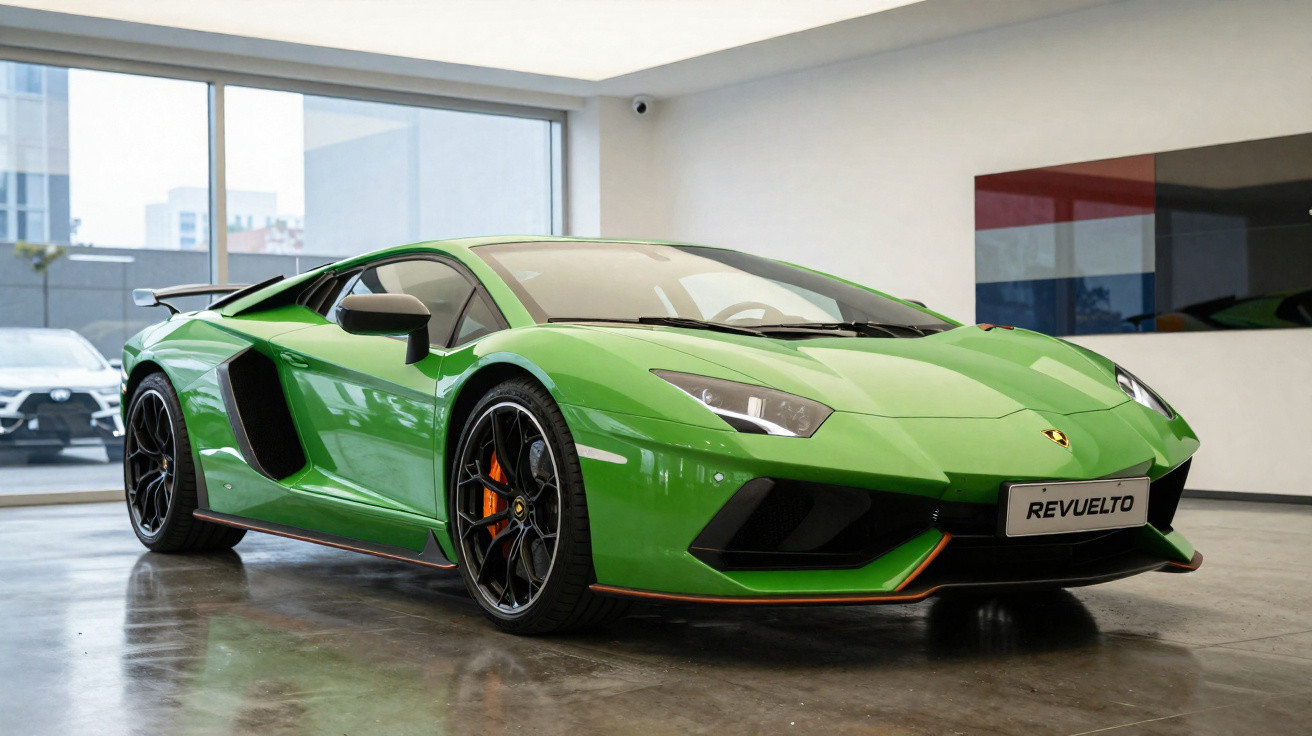 Green Lamborghini sports car with black wheels displayed indoors in a showroom with large windows.