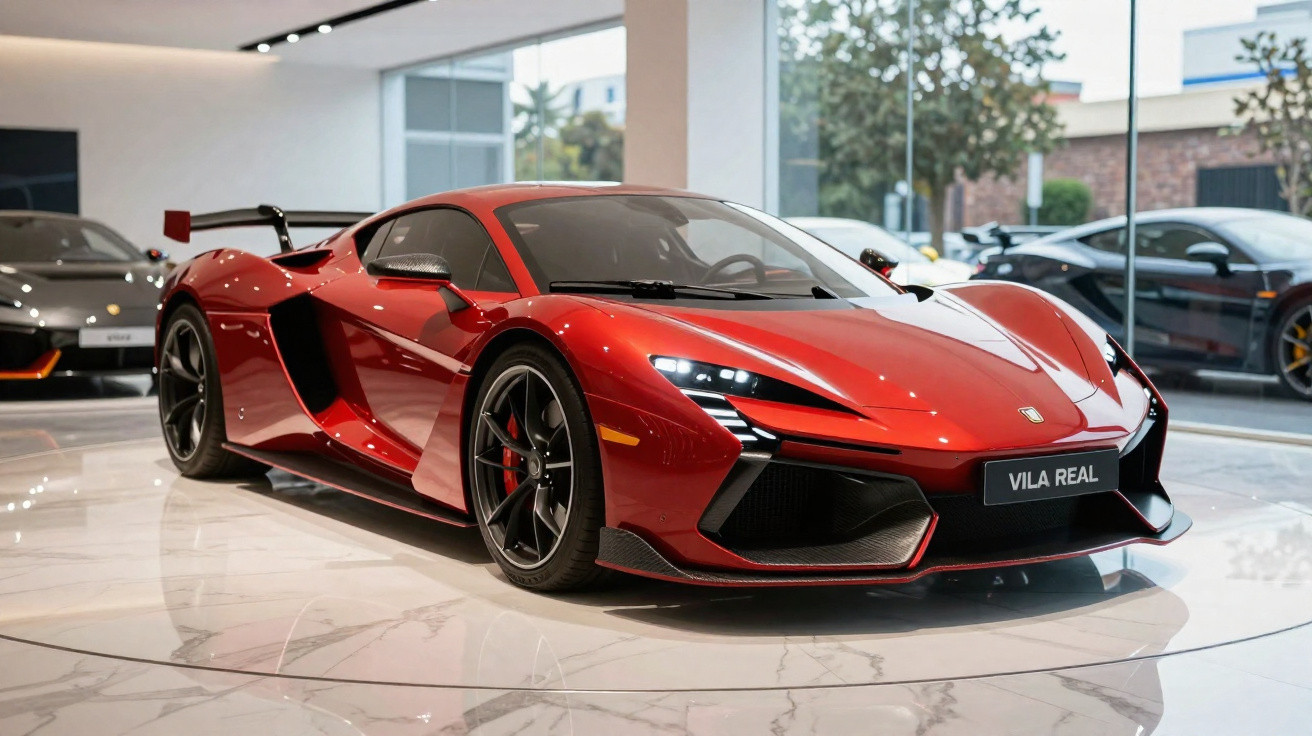 Sleek red sports car displayed on a glossy white tiled floor inside a modern showroom.