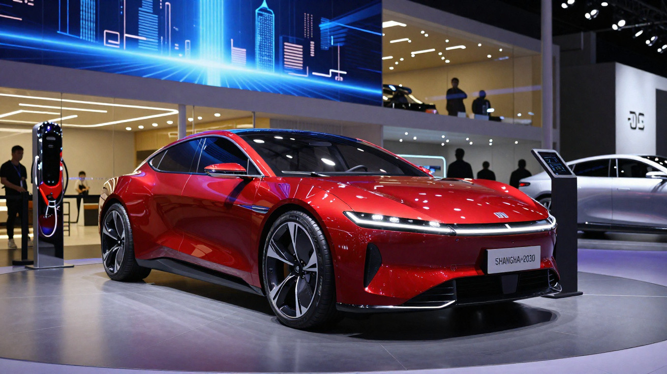 Red sleek electric sports car displayed at an indoor auto show with digital cityscape backdrop.