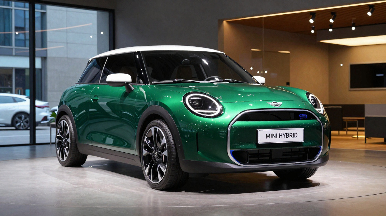 Green Mini Hybrid car with white roof displayed in a modern indoor showroom.