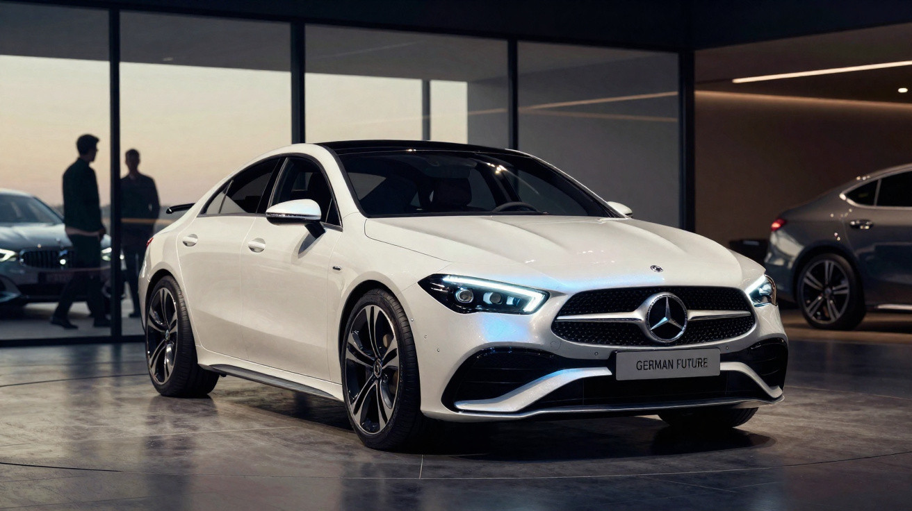 White Mercedes-Benz sedan with modern LED headlights displayed indoors with reflections on the polished floor
