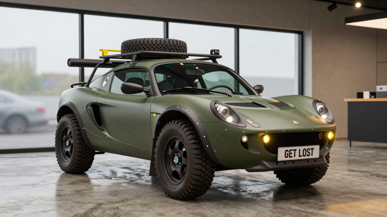 Green off-road sports car with roof rack and spare tyre indoors, registration plate reads GET LOST.