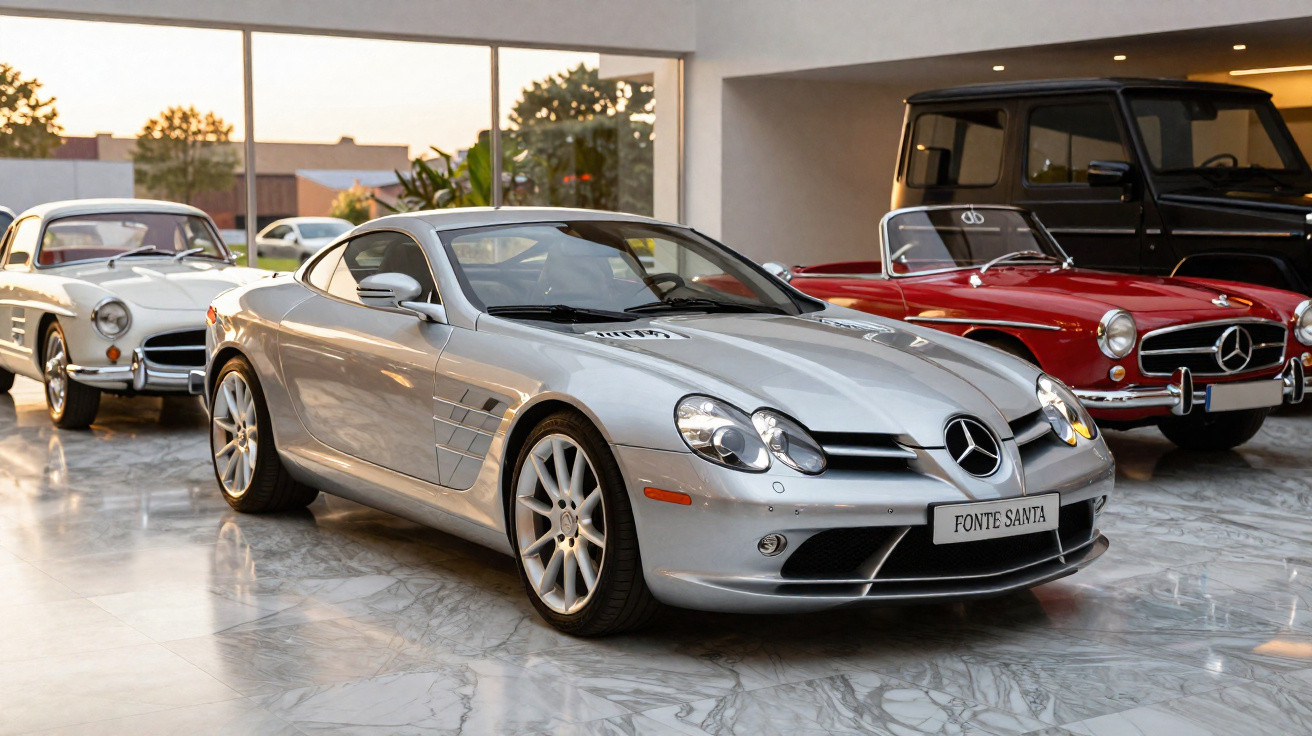 Silver Mercedes-Benz SLR McLaren sports car displayed indoors on a polished marble floor with classic cars behind.