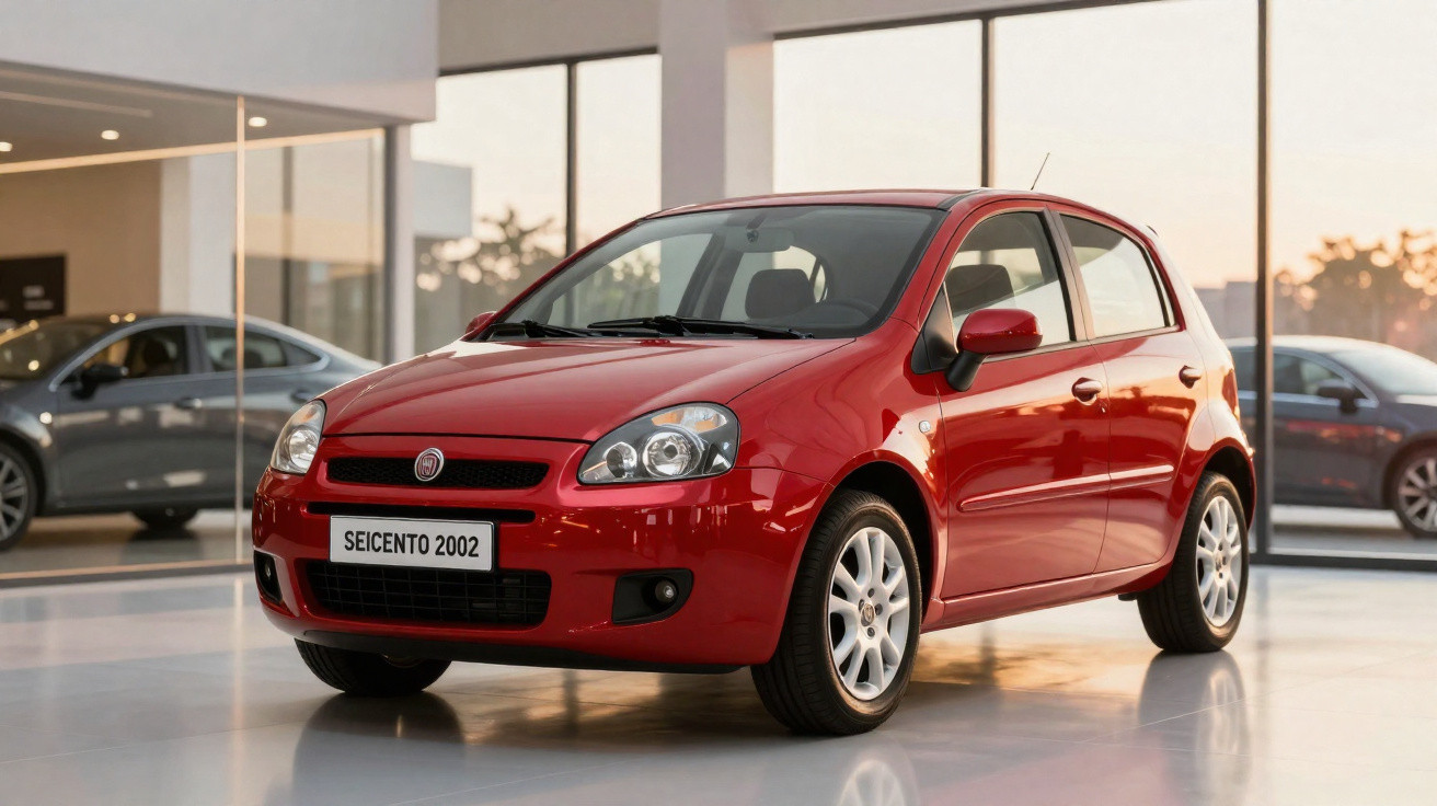 Red 2002 Fiat Seicento compact car displayed in a showroom with large windows and other cars visible outside.