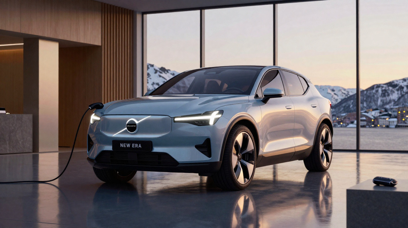 Silver electric Volvo SUV charging inside modern building with large windows and snowy mountains outside.