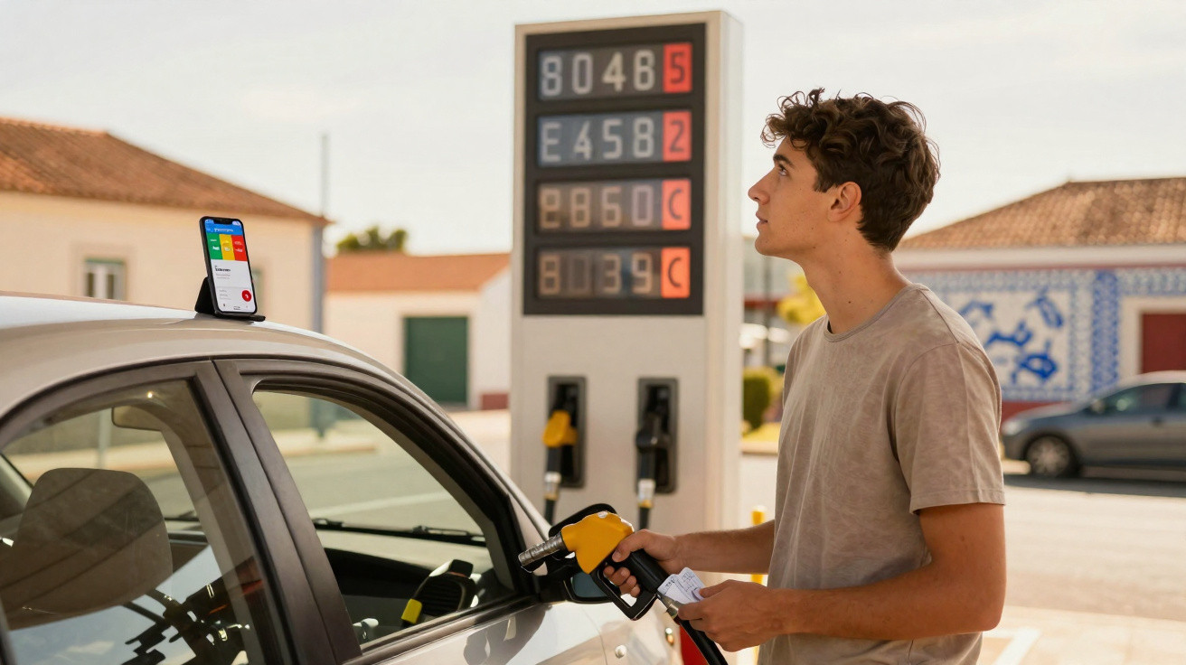 Young man refuelling a white car at a petrol station, checking the fuel price display.