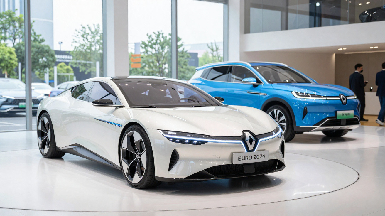 White Renault electric sports car and blue Renault electric SUV displayed indoors at auto show.