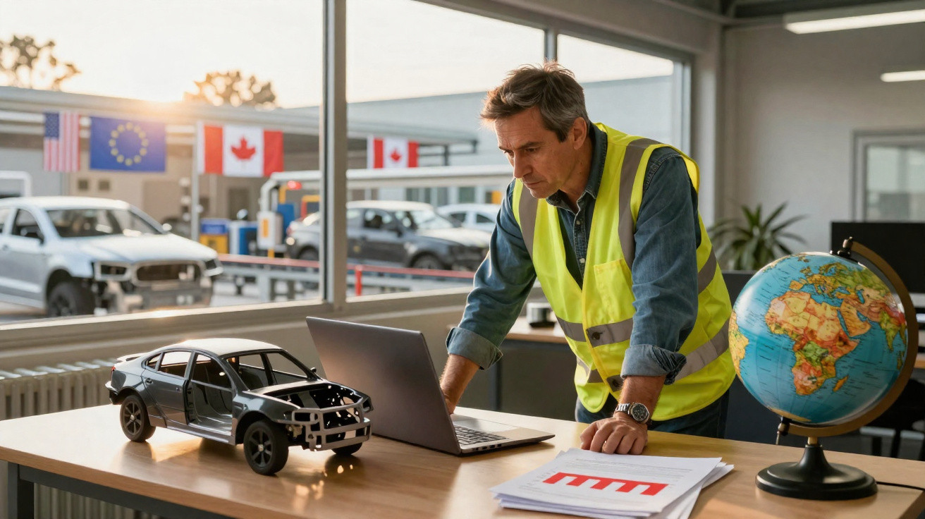 Man in high-visibility vest working on laptop at desk with car model and globe in automotive design office.