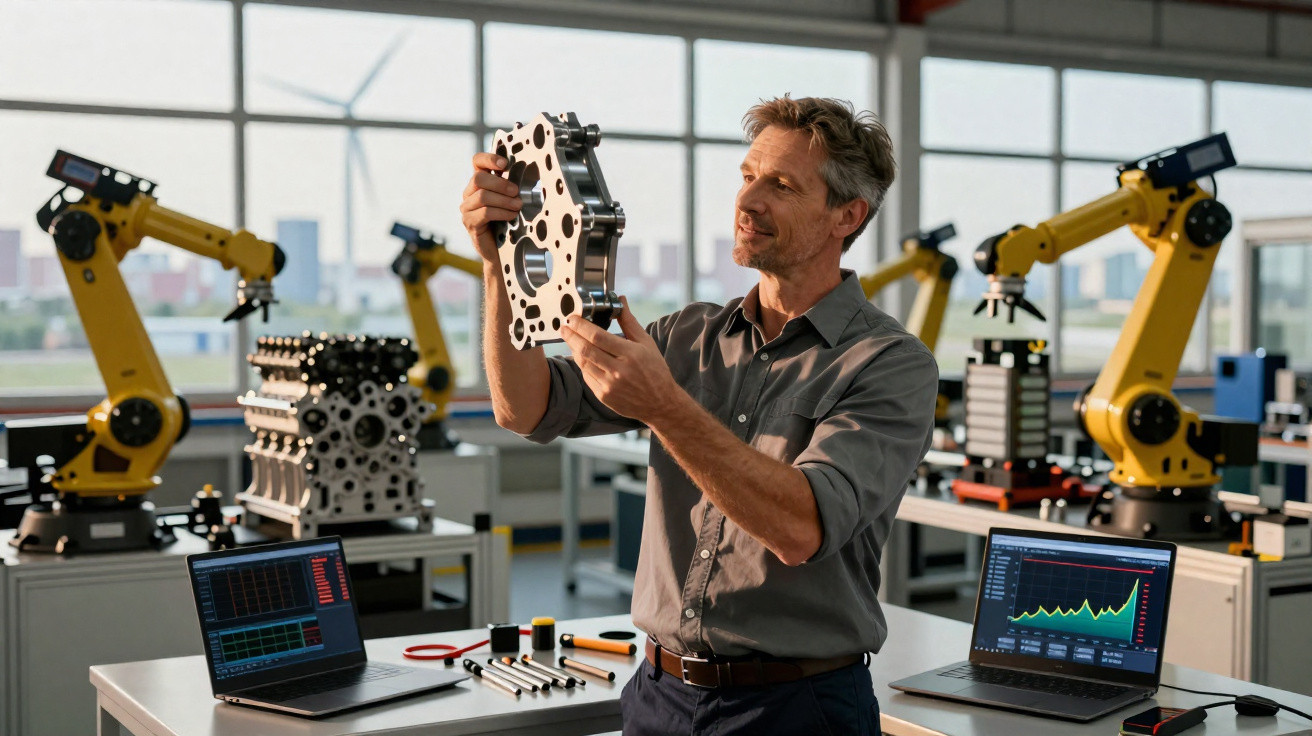 Engineer inspecting a mechanical part in a robotics lab with industrial robot arms and laptops displaying data.