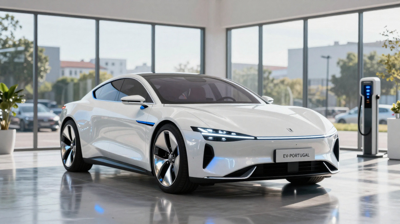 Sleek white electric sports car displayed indoors near a charging station with large windows and cityscape views.