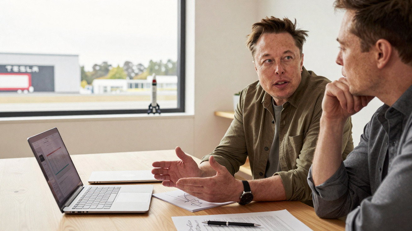 Two men engaged in discussion at a table with laptop, papers, and Tesla building visible outside window