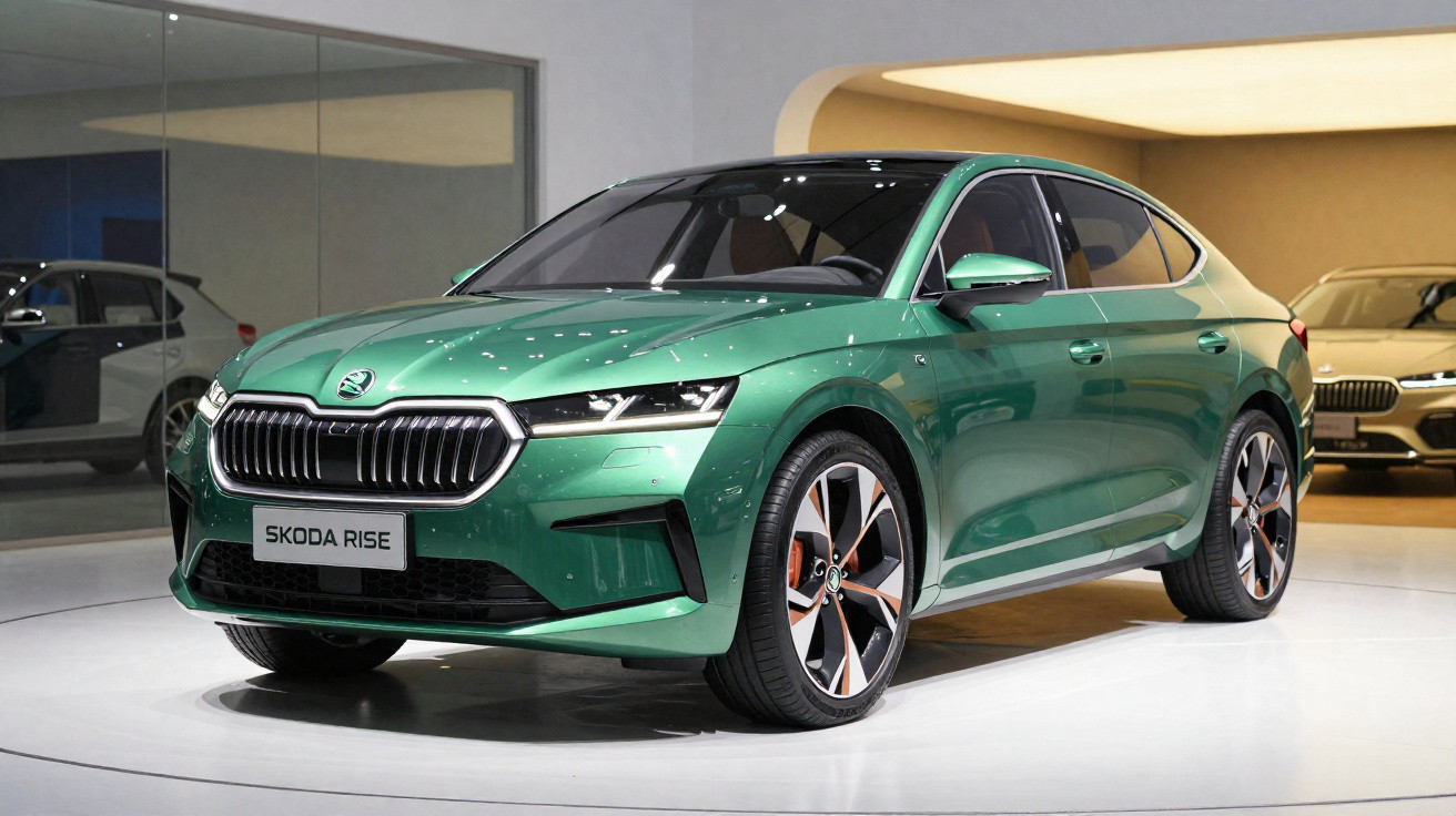 Green Škoda Rise electric car displayed on a white platform inside a modern showroom with reflective glass walls.