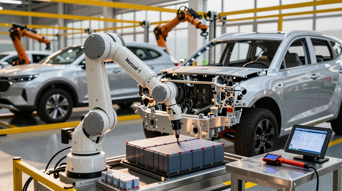 Robotic arm assembling battery packs for electric cars in a modern automotive manufacturing plant.