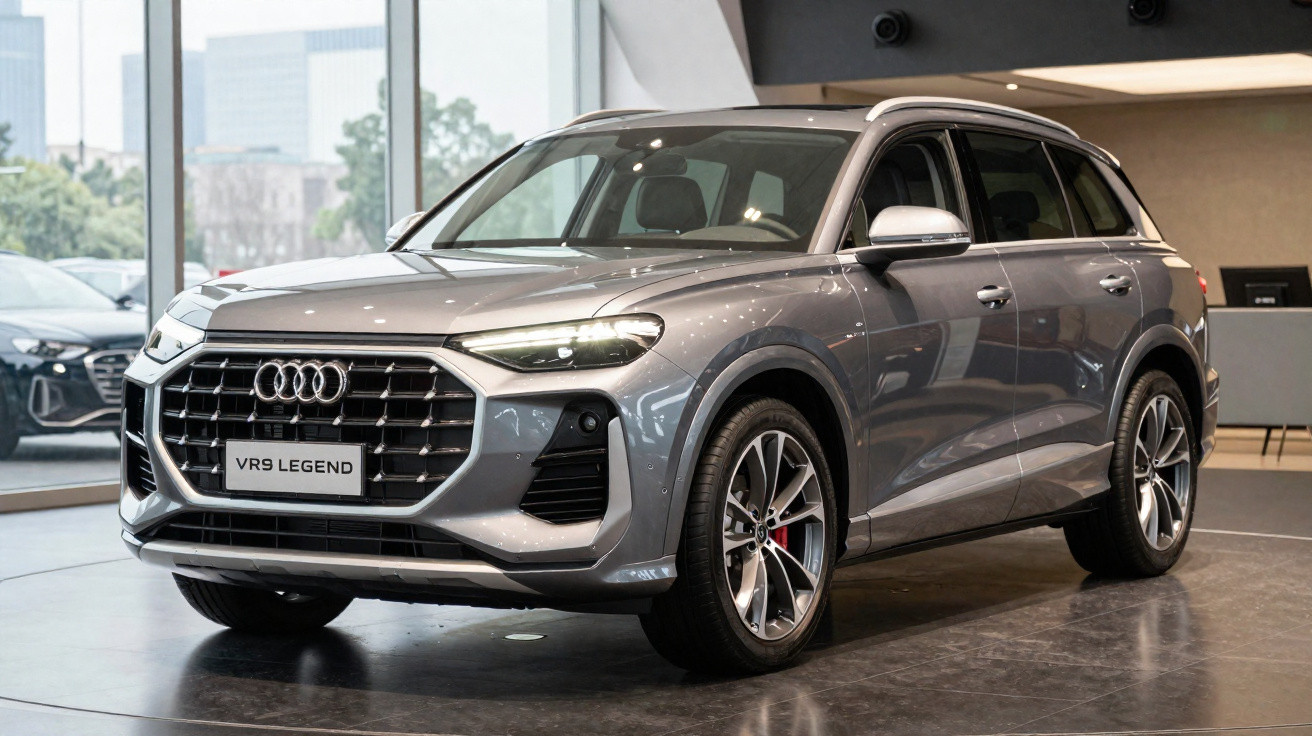 Silver Audi VR9 Legend SUV displayed indoors on a polished floor with large windows in the background.