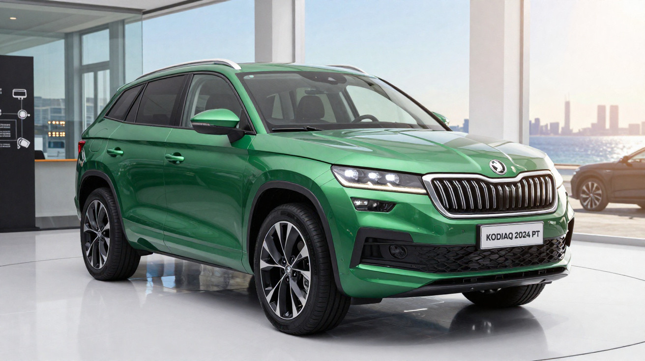 Green Škoda Kodiaq 2024 PT SUV displayed indoors with city skyline visible through windows behind.