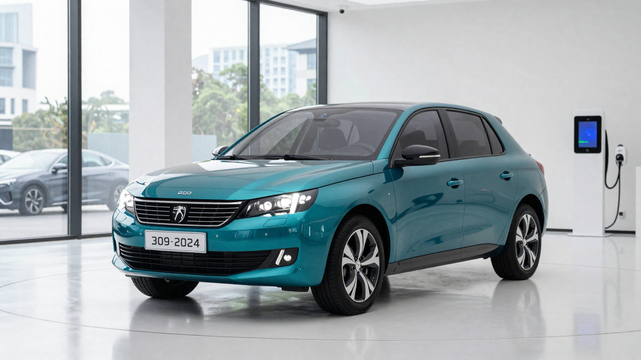 Teal Peugeot 208 electric car parked inside showroom near charging station and large windows.